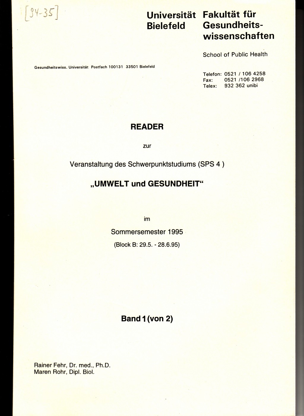1995 Fehr, Rohr: Reader Umwelt und Gesundheit