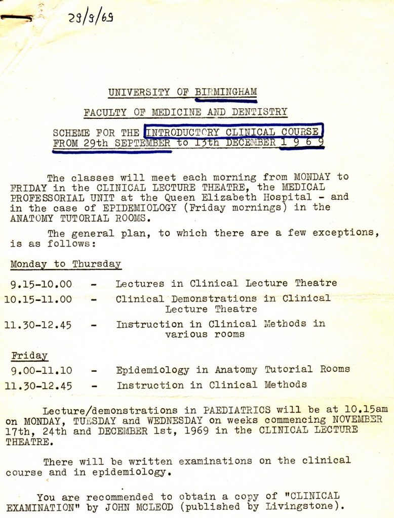 1969_09_29 Birmingham (UK): Introductory Clinical Course, p1