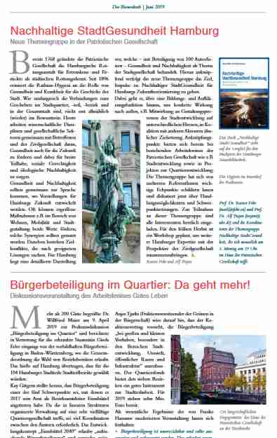 2019_07_01 Patriotische Gesellschaft: Bienenkorb 2_2019 p2 Nachhaltige StadtGesundheit